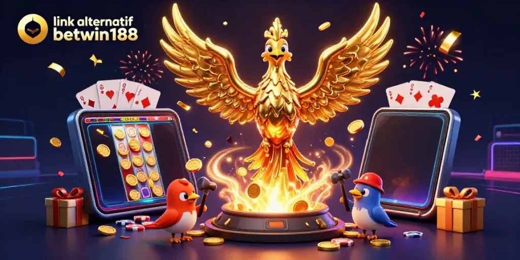 Menampilkan link alternatif betwin188 di latar belakang kasino, phoenix emas dan elemen judi lainnya