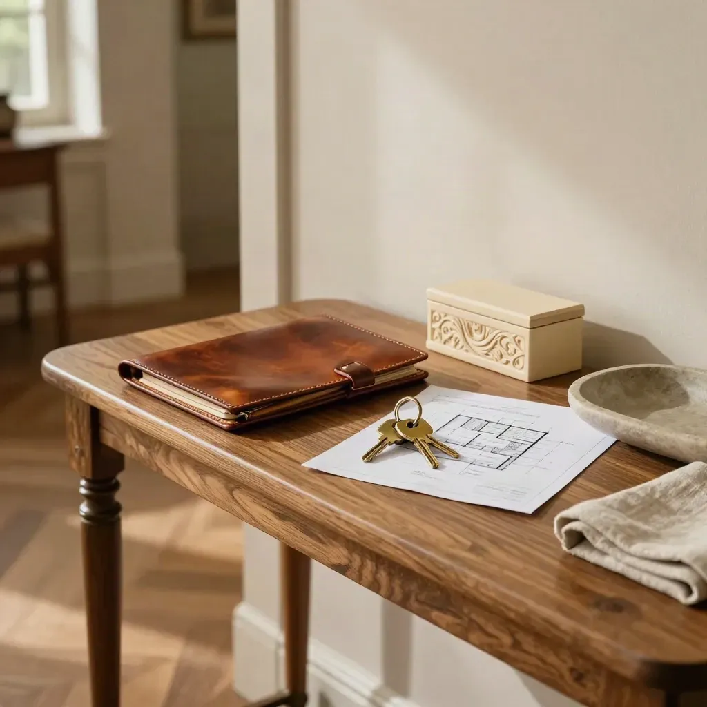 Entry console with leather estate folio, keys, and carved transfer box in warm foyer light.