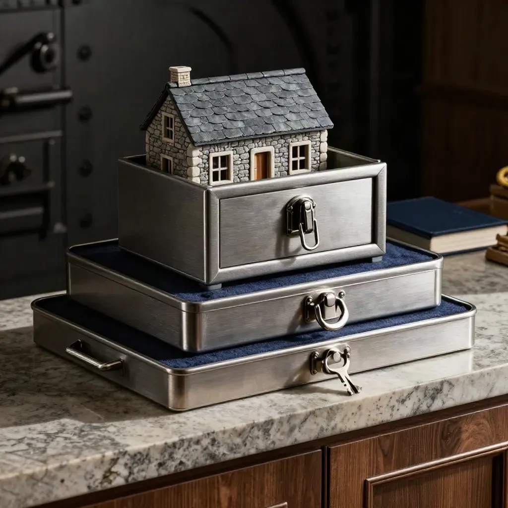 Stone house model, safe box, and ledger in layered trays on a limestone console.