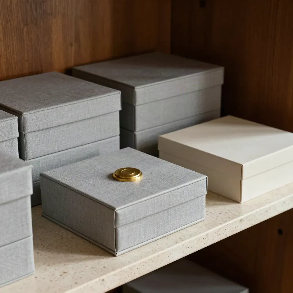 Travertine archive shelf with trays, brass seal, and stacked trust records