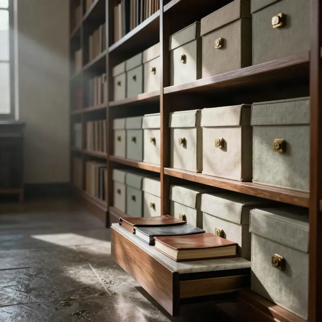 Trust archive with linen boxes, key case, leather folios and marble plinth in raking sunset.