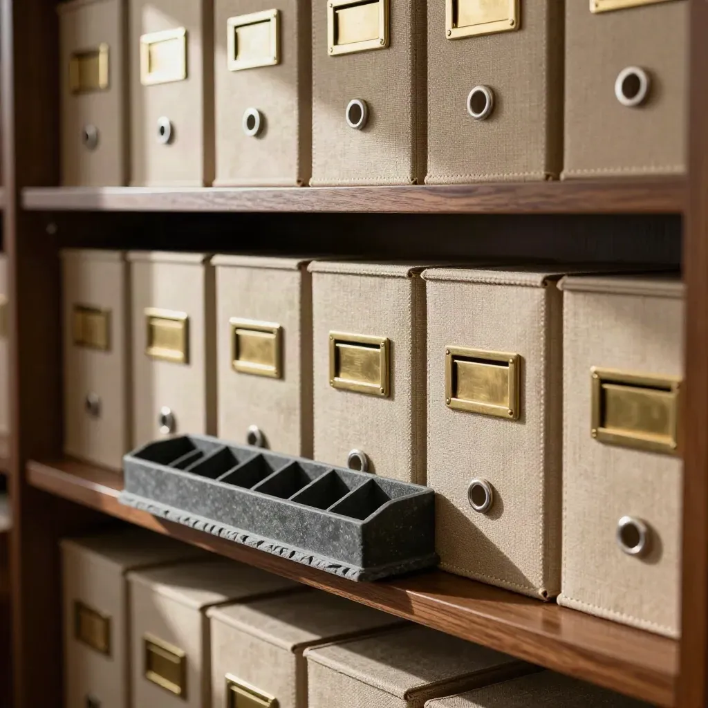 Walnut archive shelving with linen boxes, brass inbox and a slate distribution tray in warm afternoon light.