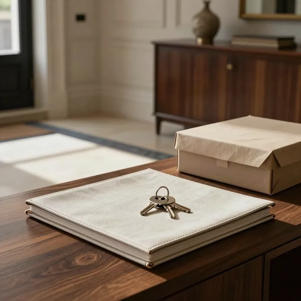 Luxury townhouse foyer with estate folio, house keys, and transfer box on a console