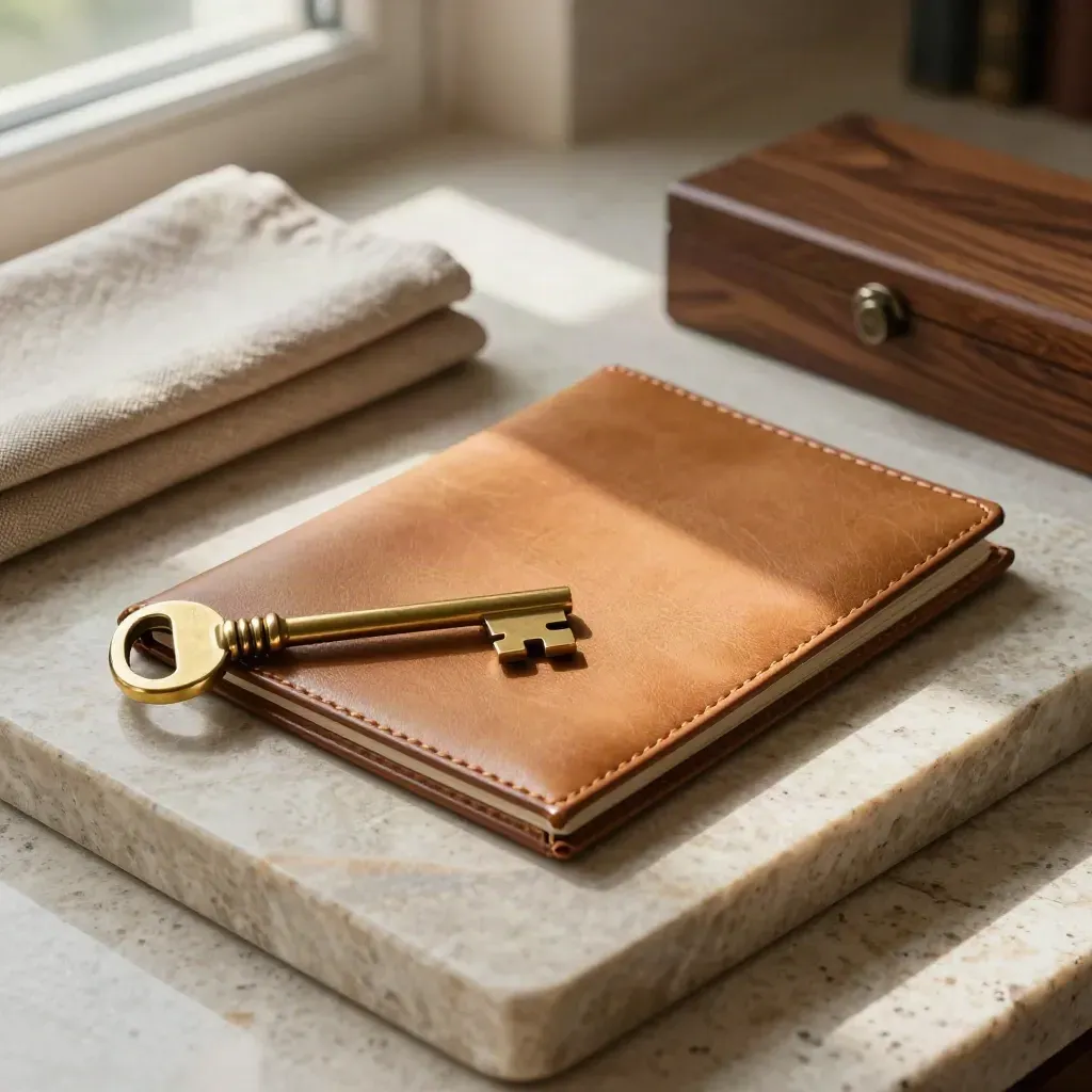 Brass keys, closed partnership folio and role markers on a stone tray in warm window light.