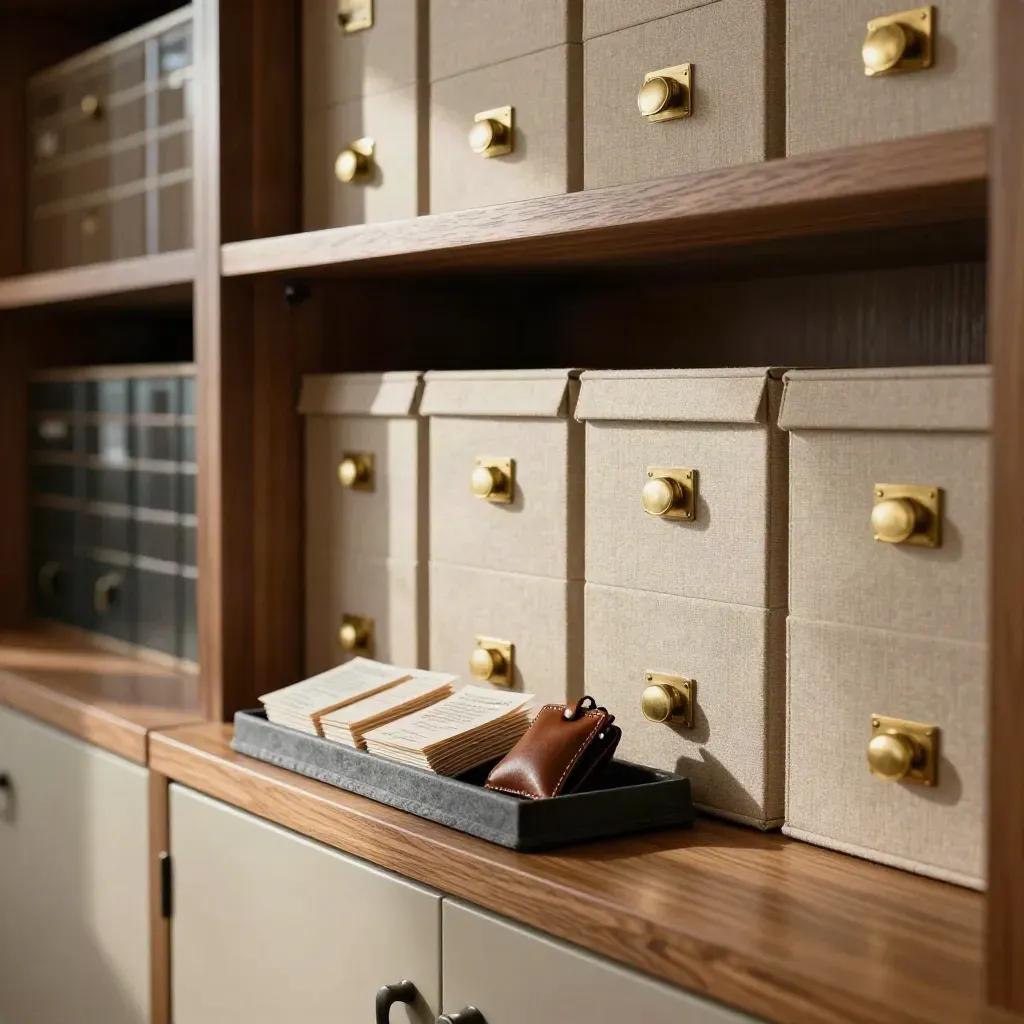 Family trust archive shelf with linen boxes, tray, and key pouch in warm late-afternoon light