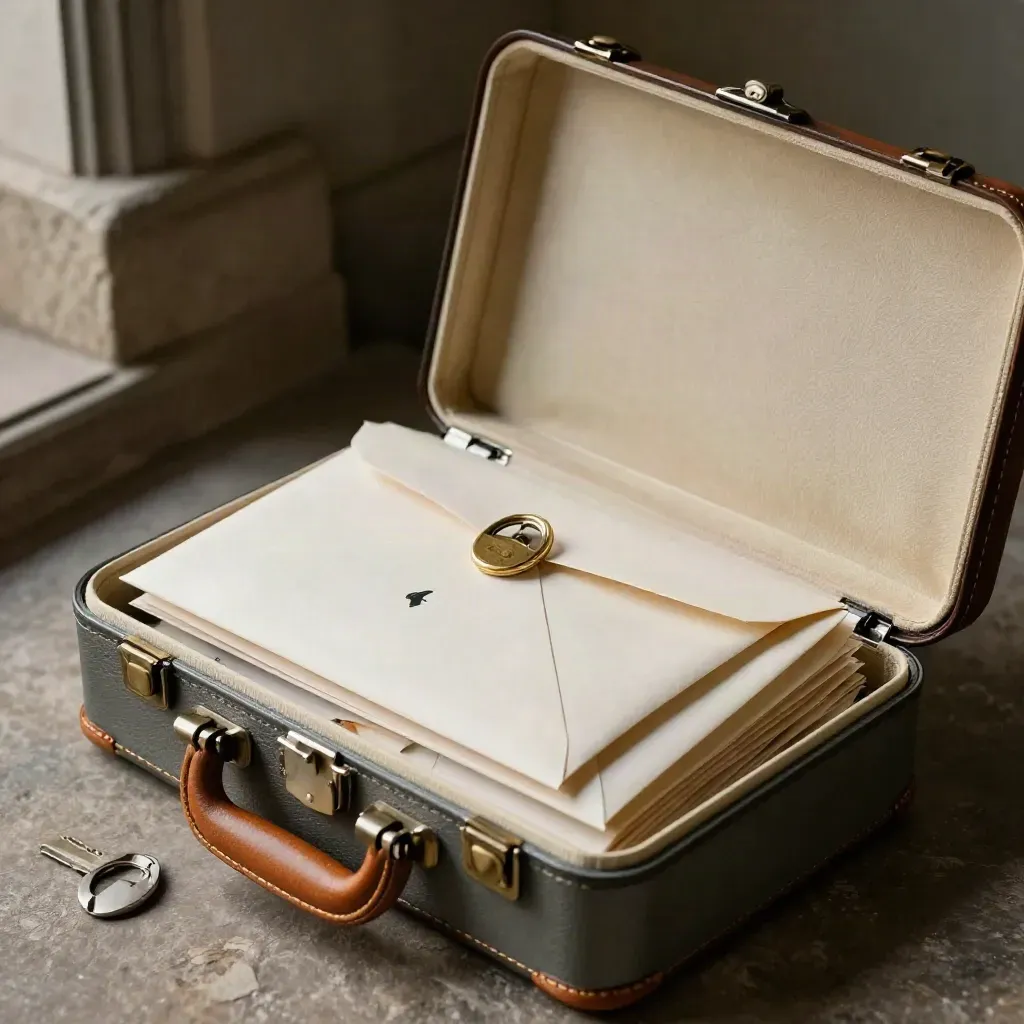 Open courier case with sealed estate sleeves, inventory box, and keys on a stone threshold.