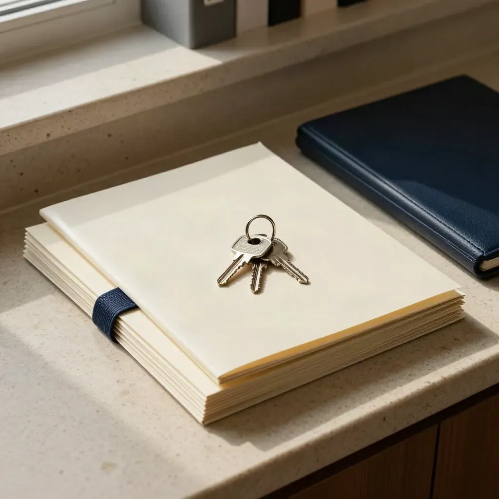 Overhead estate packet with folders, keys, and document case on travertine.