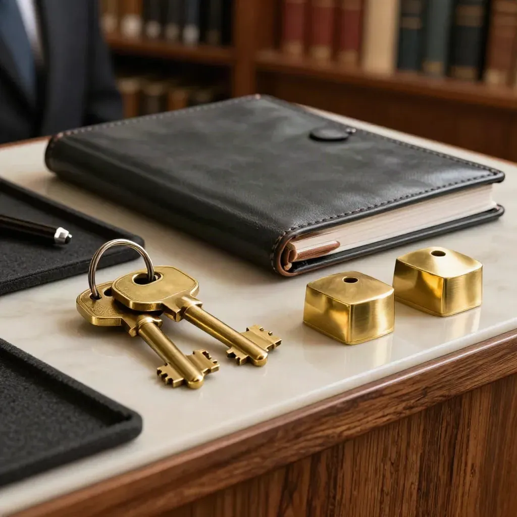 Brass keys, a closed governance folio, and role markers on a polished console.