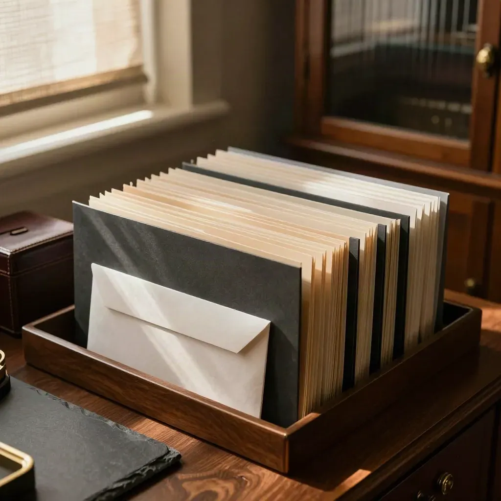 Trust review tray with aligned folders, tabs, and a sealed correction envelope in warm office light.