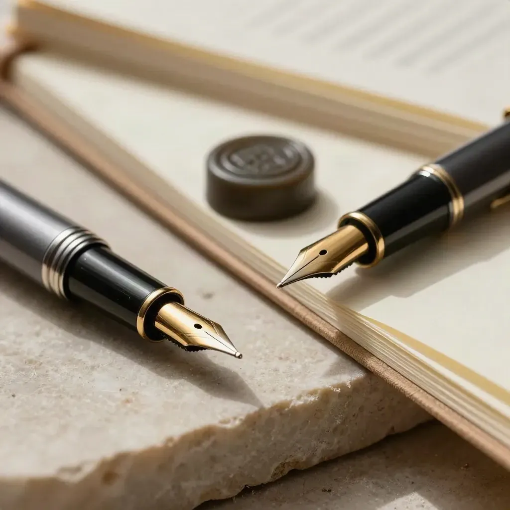 Macro still life of estate-planning tools: pen, bone folder, wax puck, and folio edge on pale stone.