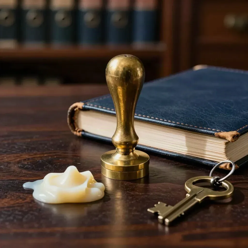 Brass seal stamp, trust ledger, wax, and keys on black walnut in dramatic office light.