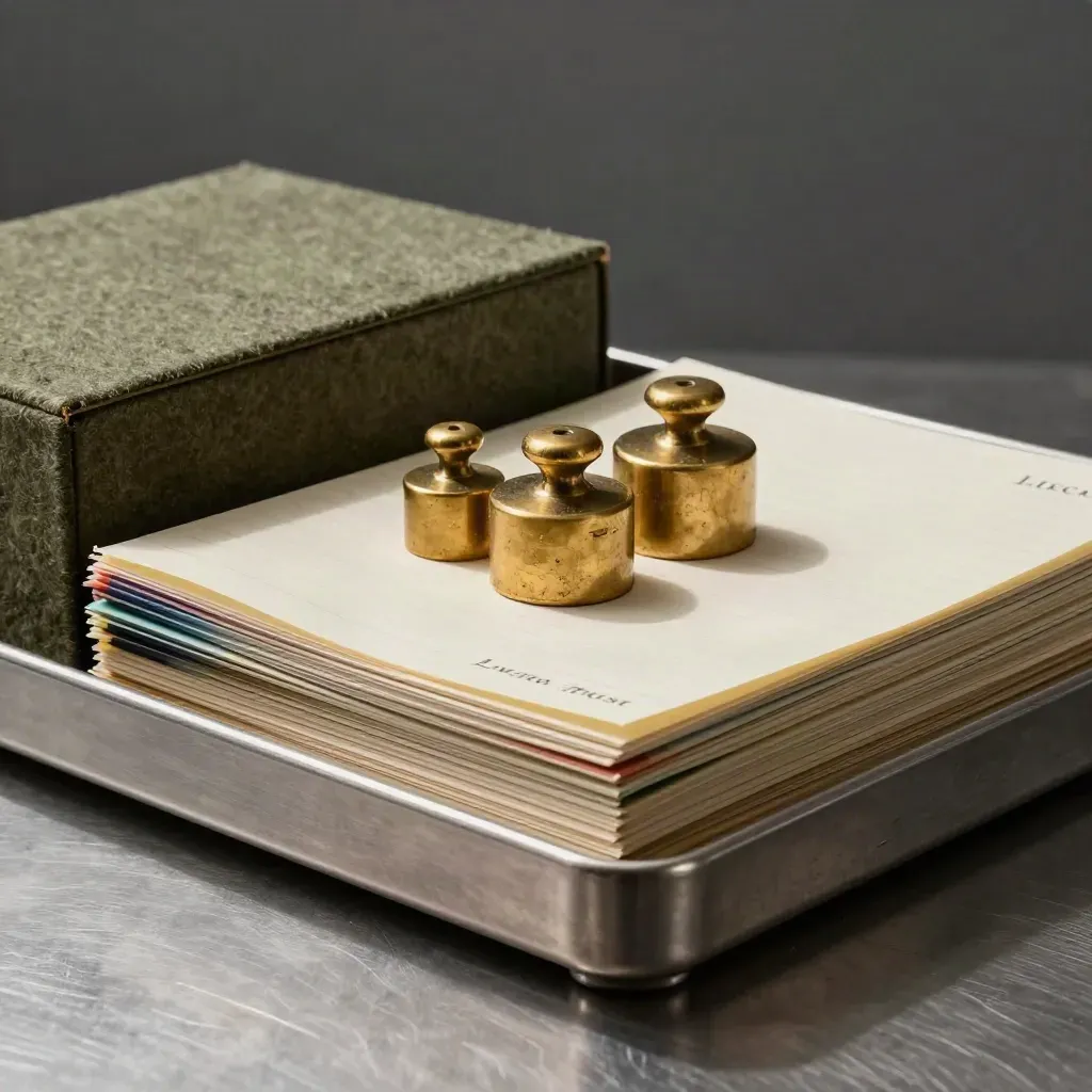 Brushed metal archive trays, brass weights, and a ledger box in a dramatic records vault still life.