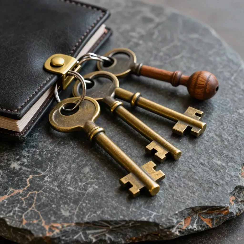 Top-down close crop of heirloom keys, a closed folio, and wooden succession tokens on dark stone.