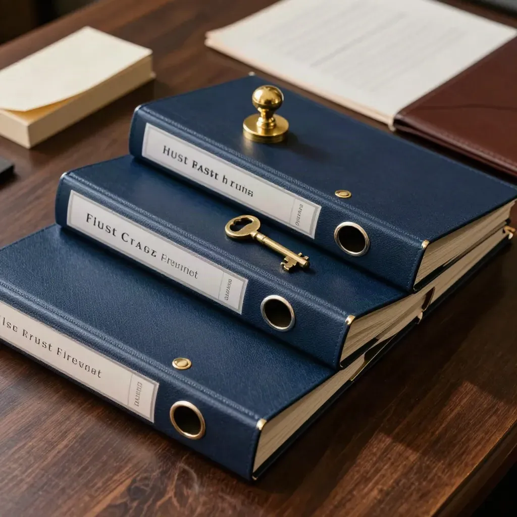 Overhead still life of navy binders, a brass key and seal on dark walnut.