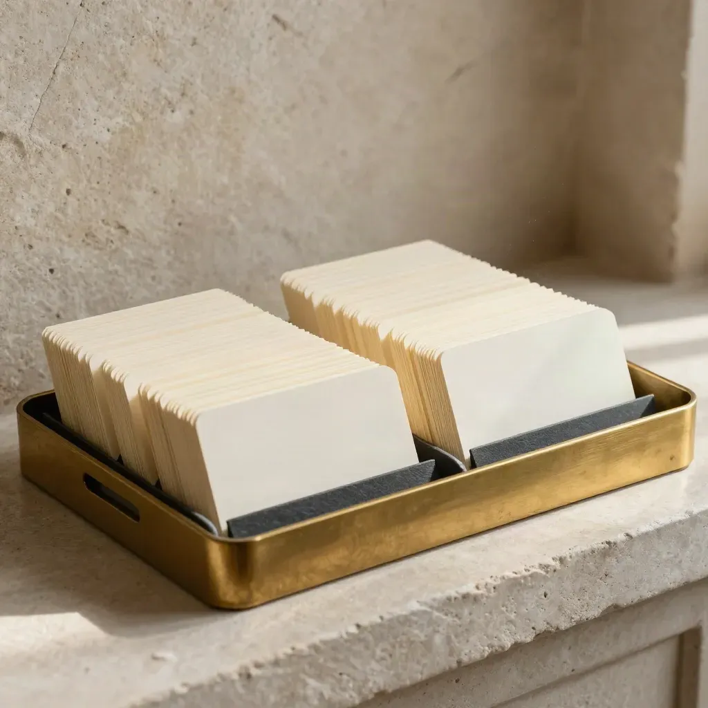 Shallow tray of blank cards with slate tabs and brass dividers on a plaster ledge