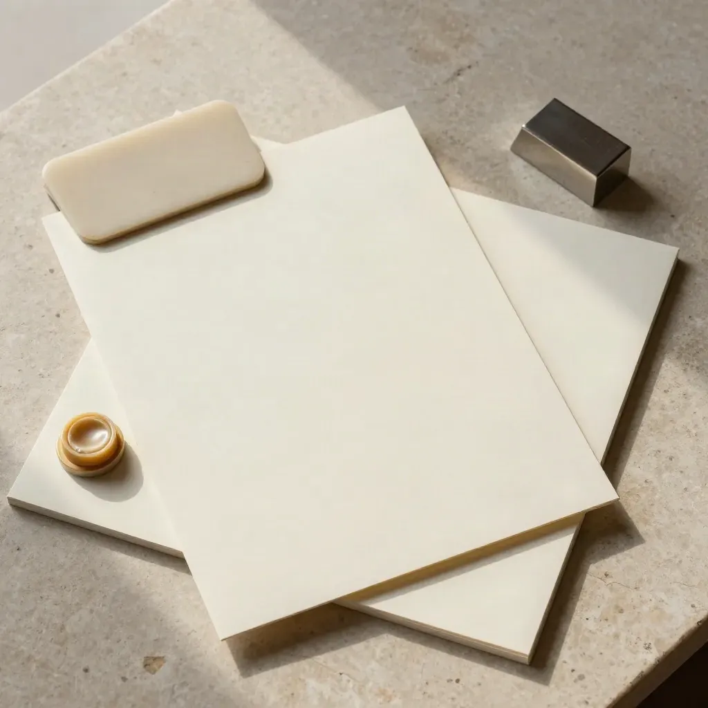 Overhead flatlay of blank folio sheets, bone folder, wax and paperweight on limestone
