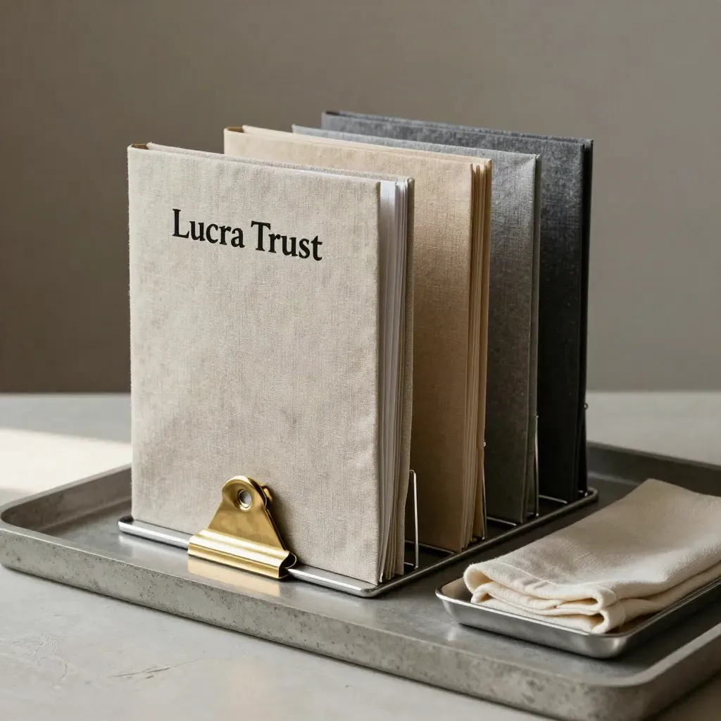 A brass file rack with three folders and a return tray on a concrete surface.
