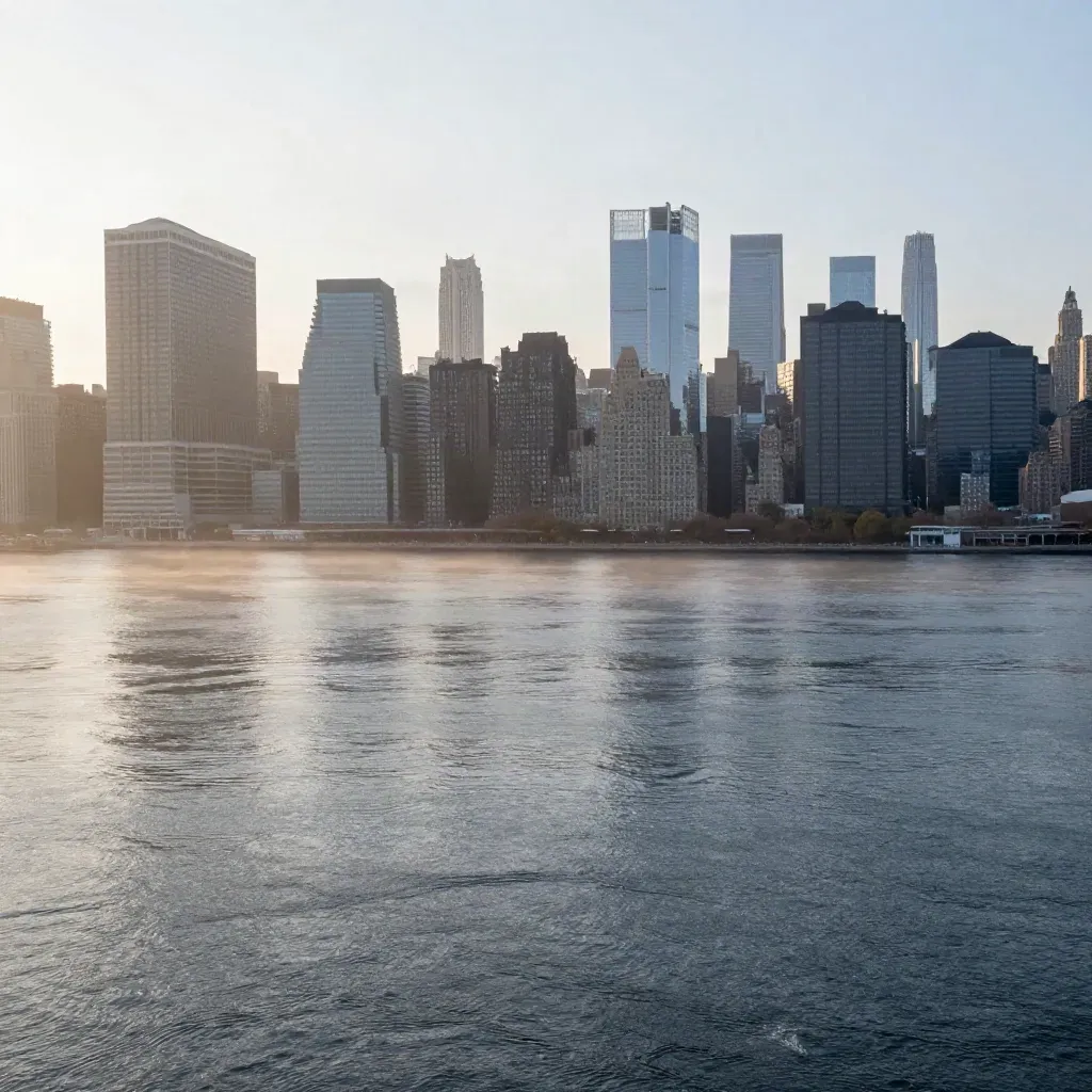Hazy Manhattan skyline over the East River at dawn, with calm water below