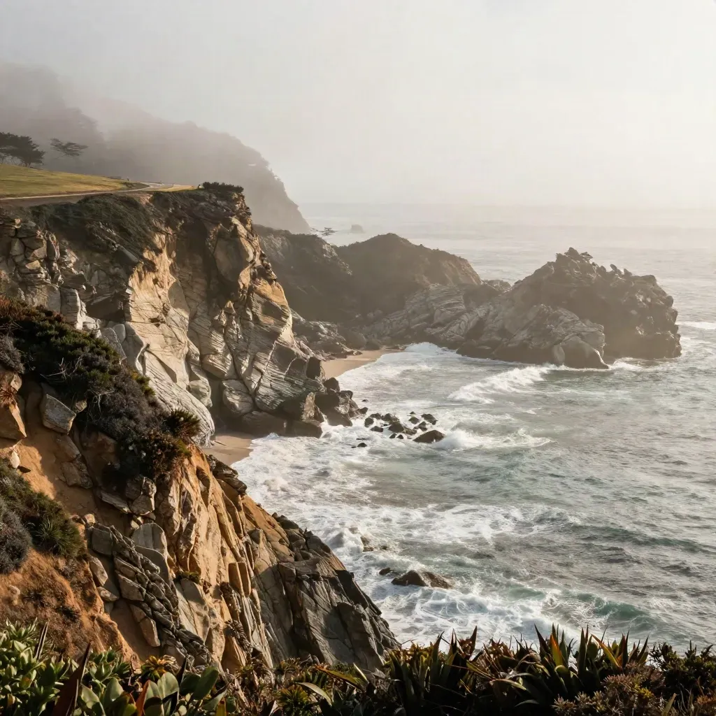 Big Sur cliffs and a foggy Pacific cove with open misty ocean space for copy.