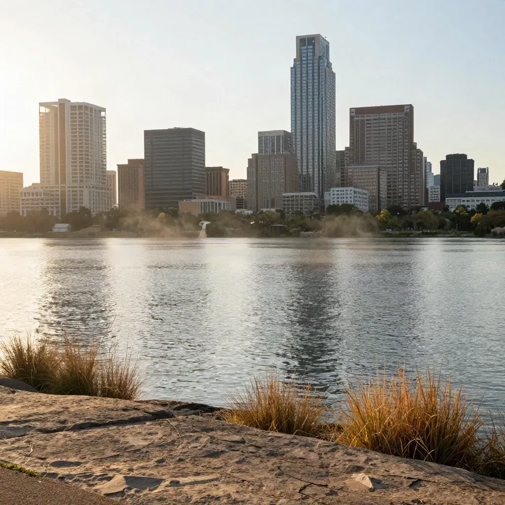 Austin skyline over Lady Bird Lake at sunset, limestone shore and warm grasses