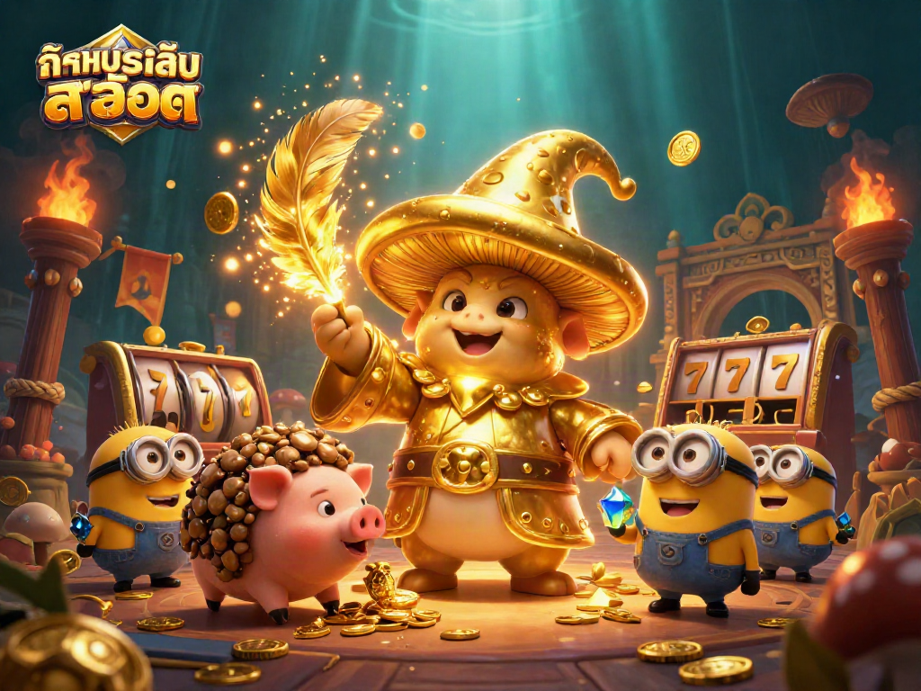 Experience ทดลองเล่นสล็อต with a rich casino scene featuring a magical mushroom wizard and treasures.