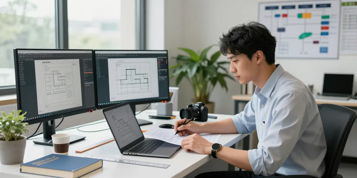 Permit engineering Missouri expert reviewing architectural plans in a modern office with engineering tools and natural light