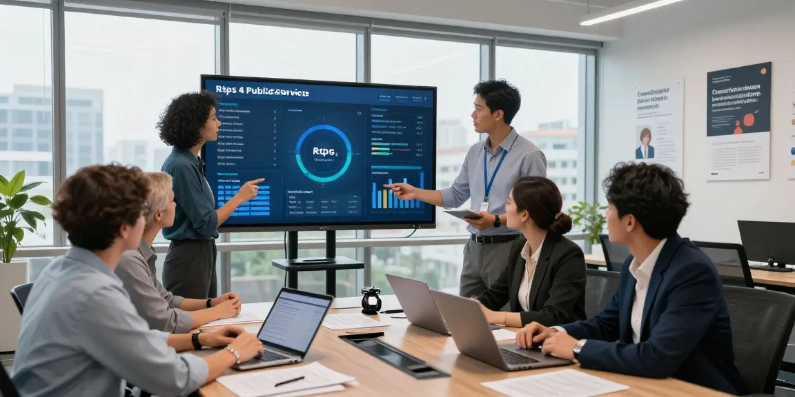 Professionals collaborating on the rtps 4 platform for public services in a modern office.
