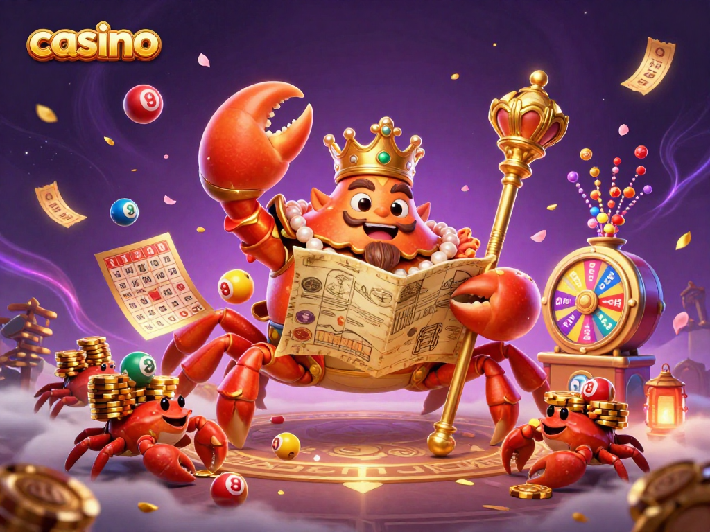 Experience vibrant casino excitement with a golden crab emperor and lottery elements in action.