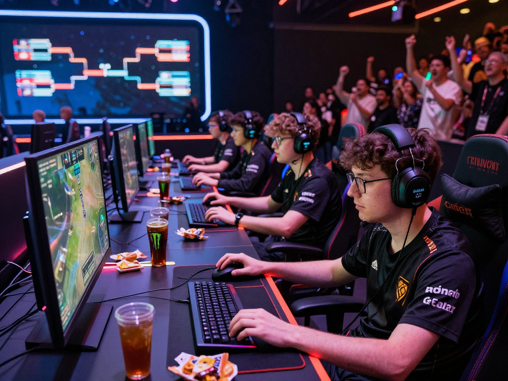 Exciting esports tournament scene with players focused on rokok88 daftar competition, showcasing high-tech gaming gear and lively audience.