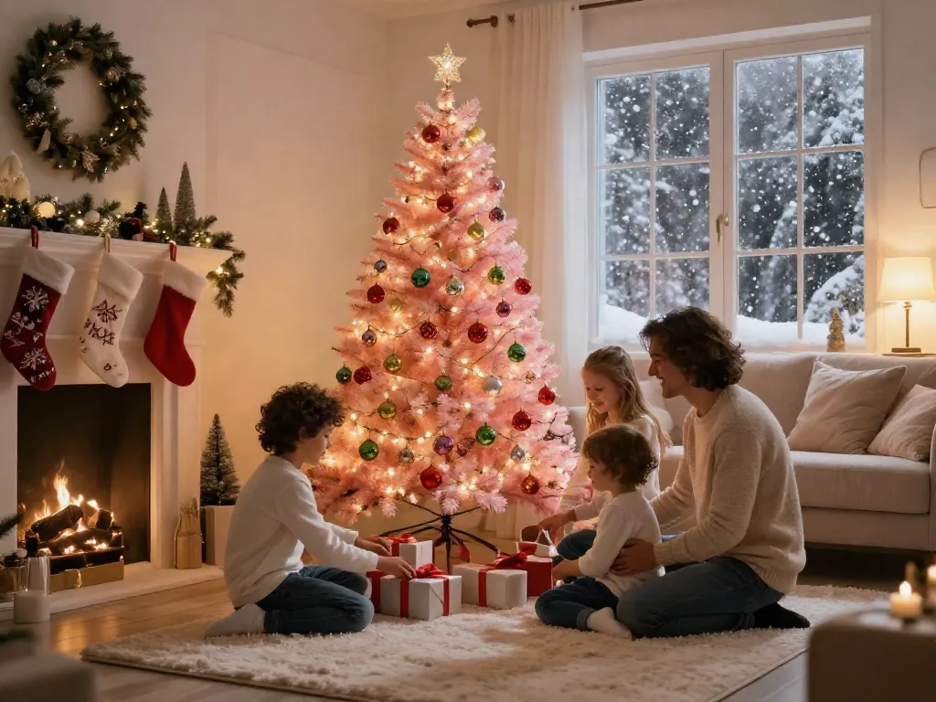 Charming small pink Christmas tree in a cozy living room with family.