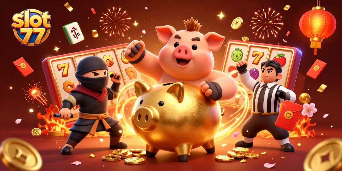 Experience the excitement of slot 77 with a vibrant 3D casino scene full of winning symbols and characters.