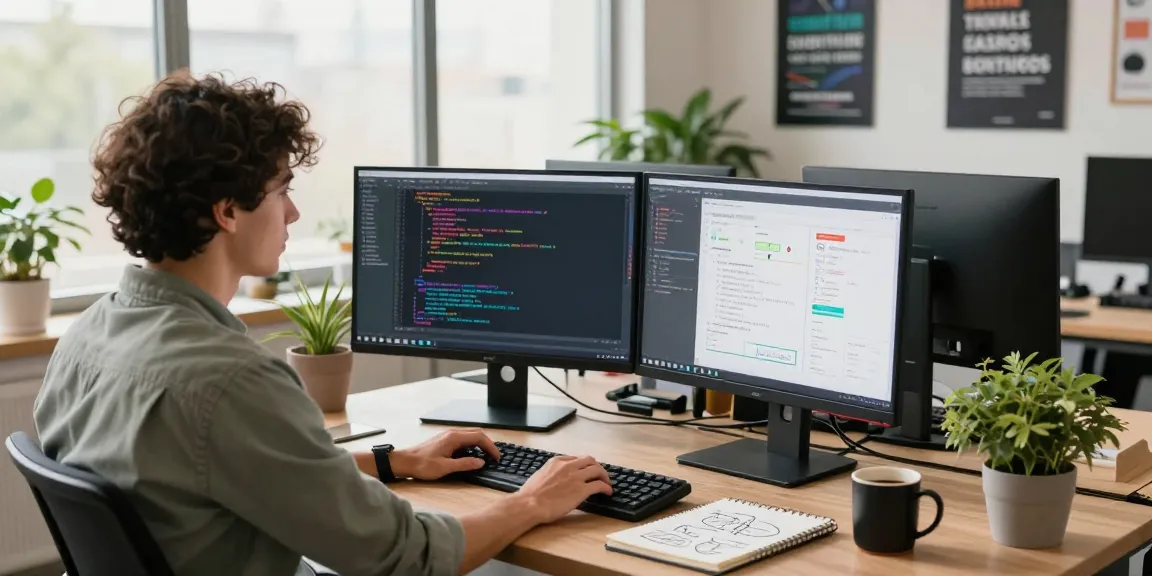 Tech workspace with a developer coding; read more here about innovative software practices.