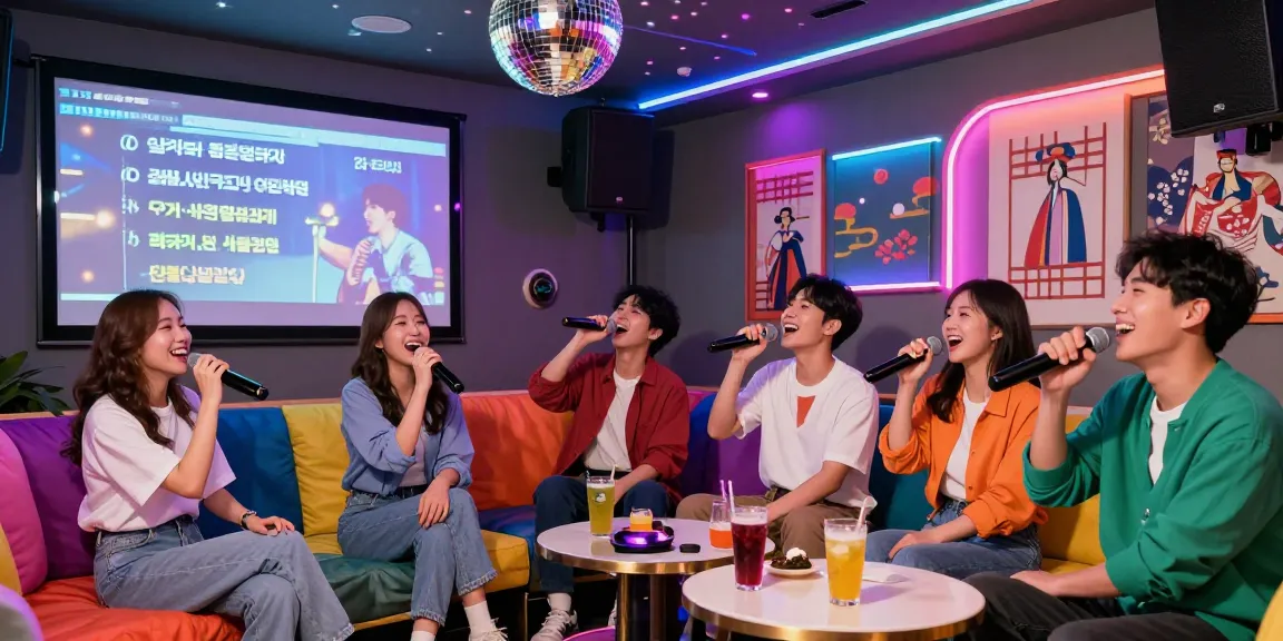 Karaoke fun at 강남노래방 with friends singing joyfully in a vibrant room filled with neon lights and festive decor.