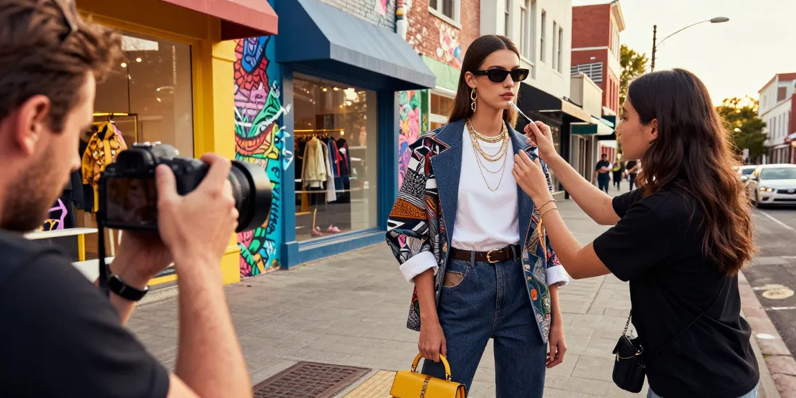Servizi fotografici moda Milano durante una sessione di moda all'aperto con modello e fotografo.