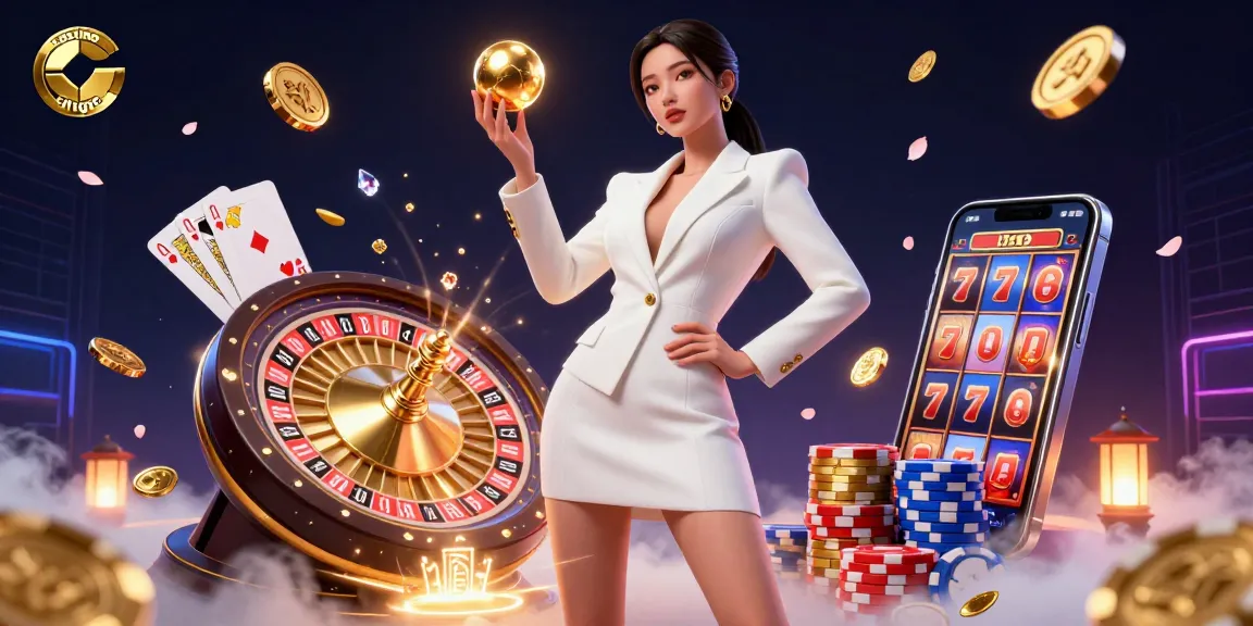 Vivez l'excitation du casino en ligne avec des visuels dynamiques d'une magnifique femme asiatique tenant une balle de roulette dorée.