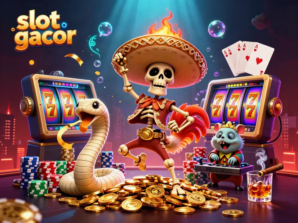 Interactive slot gacor scene with a vibrant cartoon mariachi rooster and a DJ hamster.