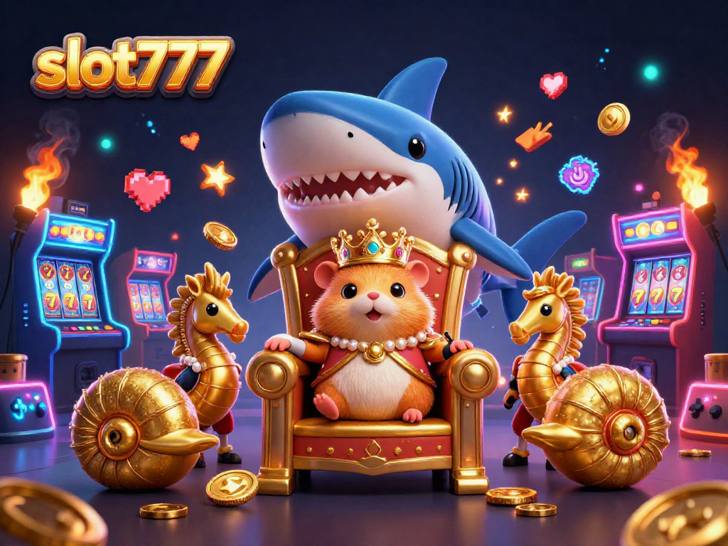 Experience the thrill of slot777 with a golden hamster king amidst vibrant slot reels and casino magic.