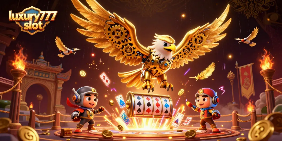 Experience the excitement of luxury777 slot as a golden eagle dives through cascading slot reels and playing cards.