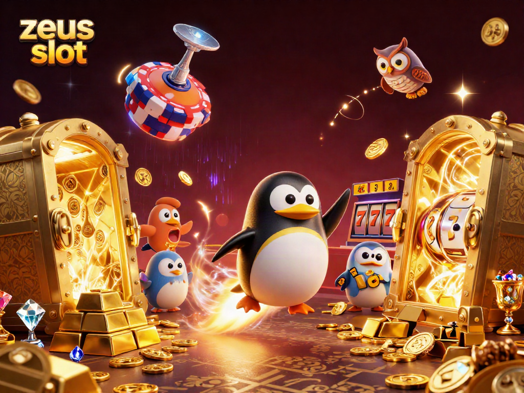 Play the zeus slot and encounter a whimsical scene with a golden penguin flying toward a casino!