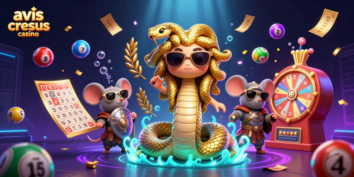 Scène palpitante d'avis cresus casino avec Méduse et une souris guerrière au milieu d'éléments de jeu vibrants.