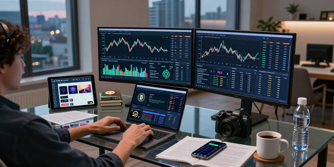 Cricbet99 cryptocurrency trading setup in a modern urban workspace, showcasing multiple screens with digital asset charts and secure trading interfaces.