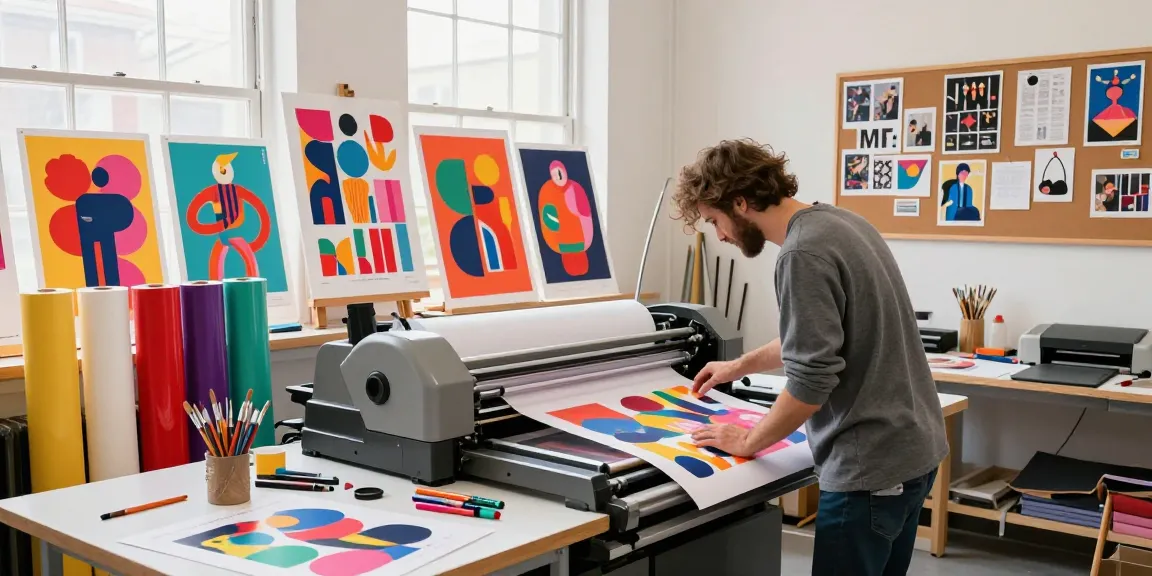 Custom poster printing scene showing vibrant designs and printing process.