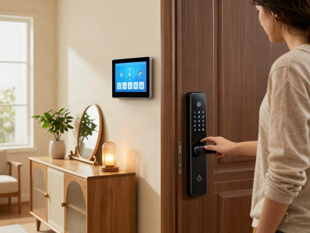 Smart lock قفل هوشمند on a stylish front door in a modern home.