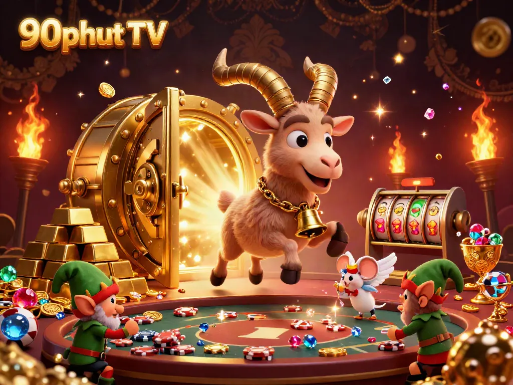 Experience 90phut TV's thrilling casino atmosphere with lively characters amidst a rich, vibrant gaming scene.