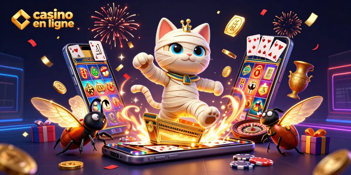 Le chat momie égyptien du casino en ligne sort de son sarcophage avec une pièce dorée, entouré d'effets magiques.