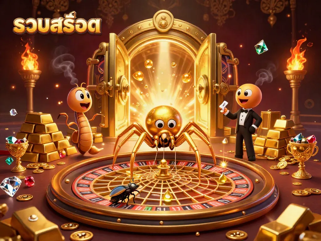 Engage in slots with รวมสล็อต, featuring a 3D scene with a golden spider and treasures in a captivating casino setting.