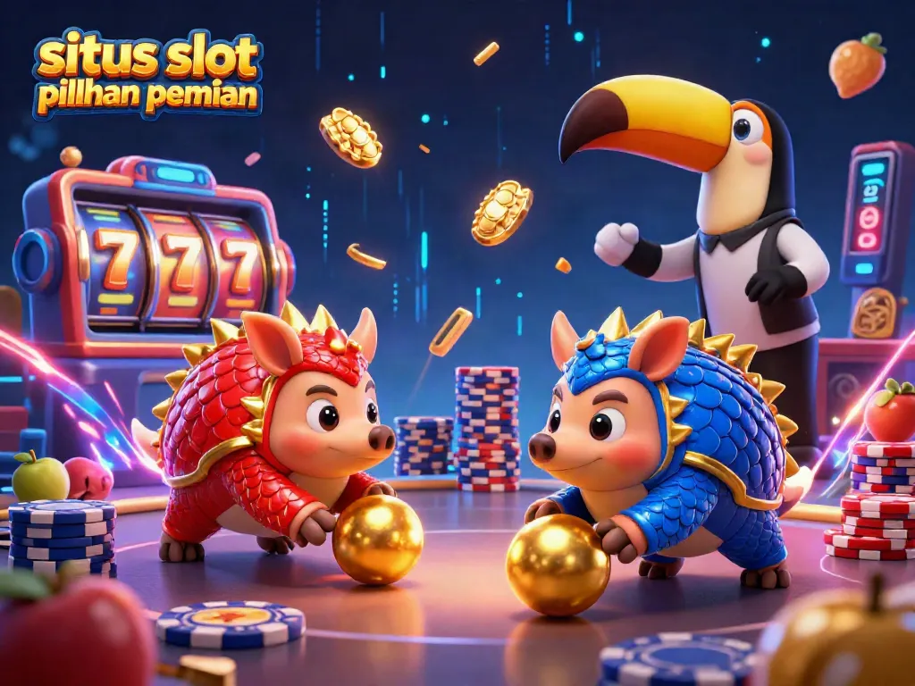 Situs slot pilihan pemain menampilkan pangolin bertarung dengan simbol slot dan chip poker dalam ilustrasi 3D yang dinamis.