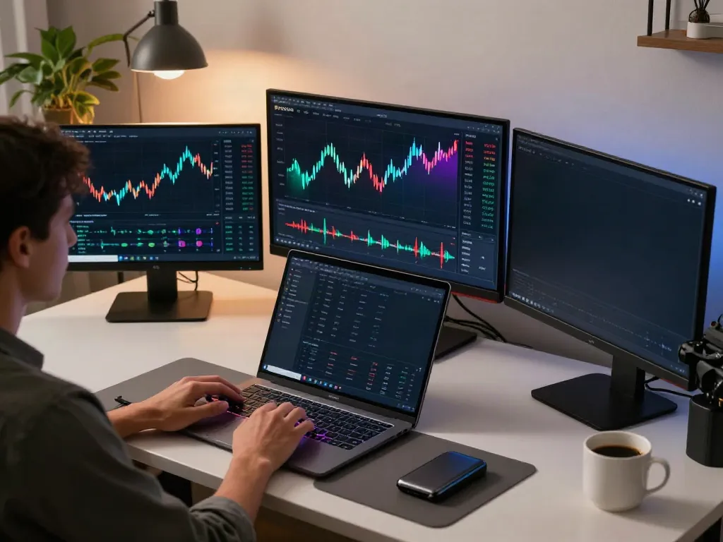 Finnhub alternative API for crypto trading displayed on multiple screens in a modern workspace.