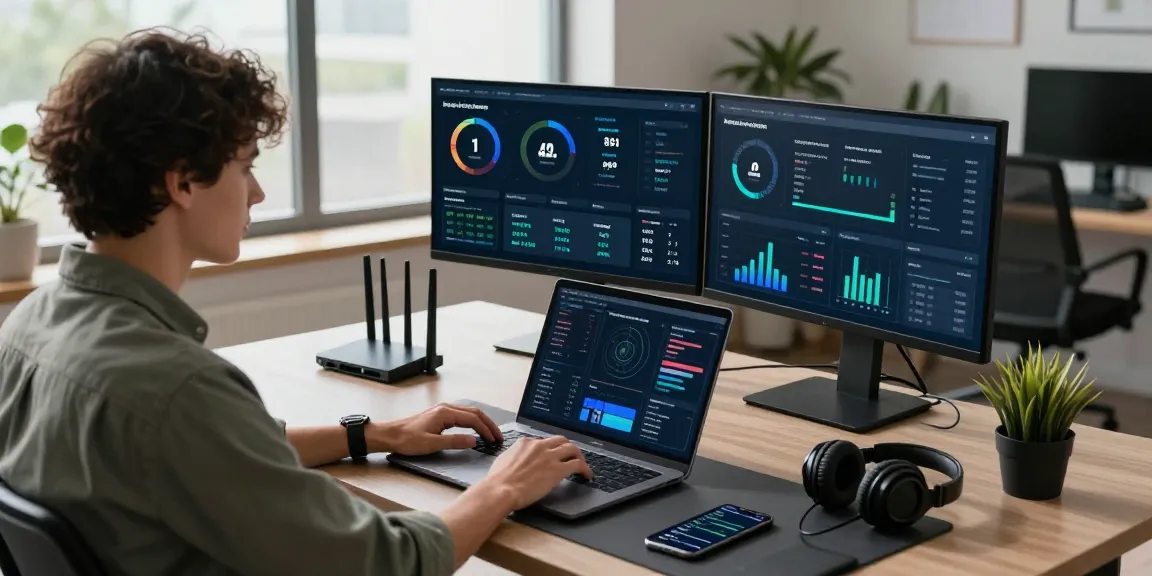 快连 network acceleration workspace with professional using dual screens and tech gadgets