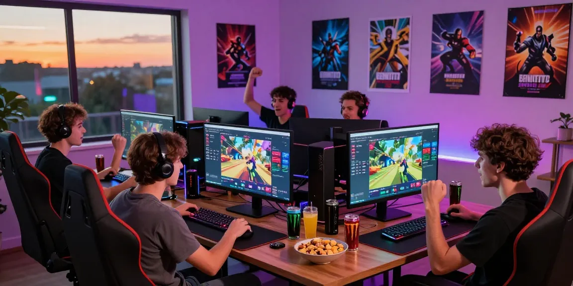 Benihtoto 2026 gaming enthusiasts enjoying an exciting session with vibrant LED lights and multiple screens.